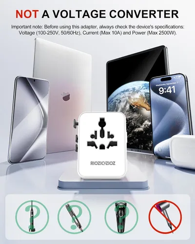 Vista 9 de Adaptador de enchufe de viaje universal de 35 W, adaptador de corriente de carga rápida de 7 puertos PD&QC (2AC y 2USB-A y 3USB-C), cargador