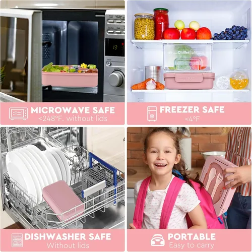 Vista 6 de Lonchera Bento para adultos, contenedores de almuerzo para adultos y niños, caja Bento de 5 compartimentos para niños, cajas de aperitivos
