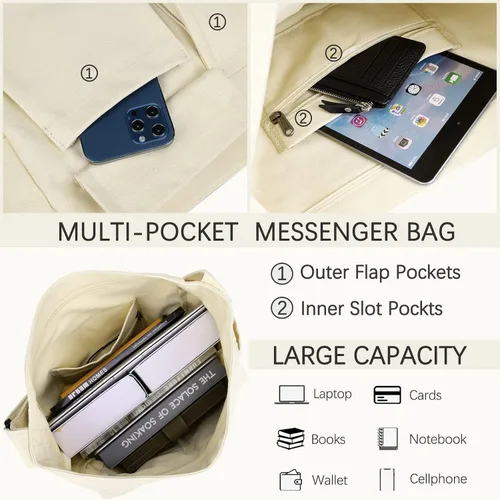Vista 4 de JQWSVE Bolso bandolera de lona grande con múltiples bolsillos, bolsa de hombro de lona para mujeres y hombres