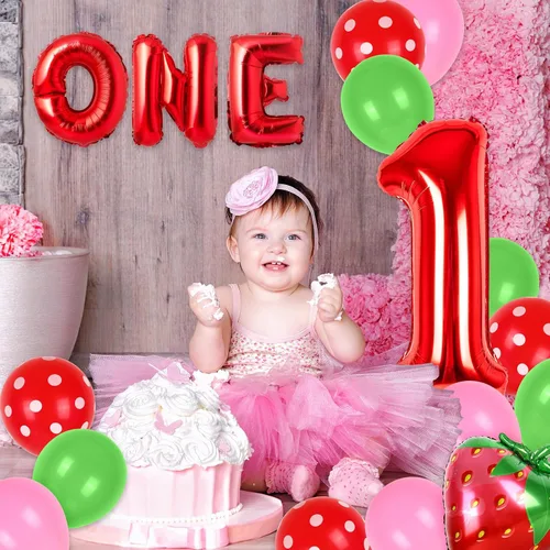Vista 5 de Whaline 30 piezas de decoración de primer cumpleaños de fresa, globos número uno, letras UNO, globos de fresa, globos rosados y verdes para bayas