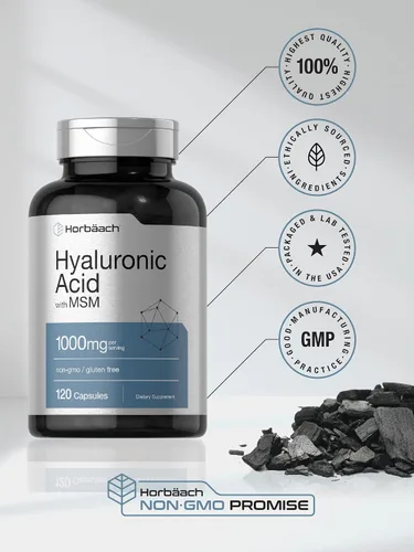 Vista 5 de Horbäach Ácido hialurónico con MSM 1000 mg 120 cápsulas Suplemento sin OMG y sin gluten Fórmula biodisponible