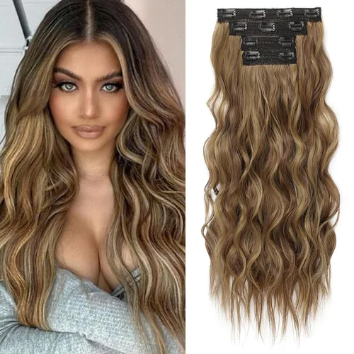 Vista 32 de REECHO Extensiones de cabello con pinza, 4 piezas de extensiones de cabello rubio de 24" de largo, ondas de playa gruesas, HE003, trama de encaje