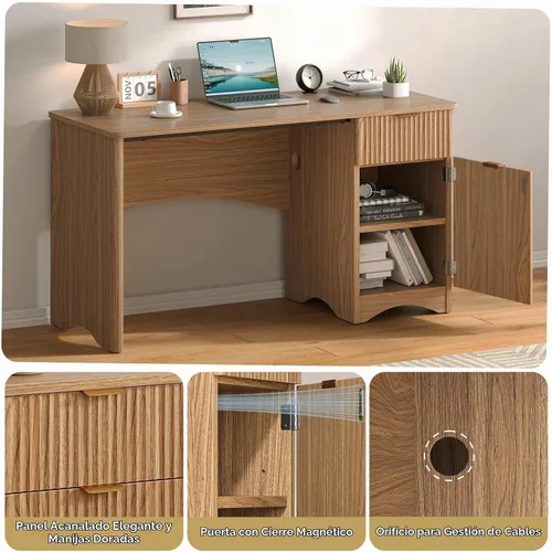 Vista 3 de Bestier Escritorio para computadora con cajón, escritorio de oficina de 47 pulgadas con armario de almacenamiento, escritorio de madera moderno