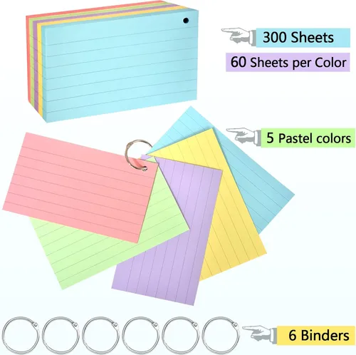 Vista 2 de Tarjetas de índice de 3 x 5, 300 tarjetas de índice rayadas con anillo, tarjetas flash de índice de colores forradas en ambos lados, tarjetas