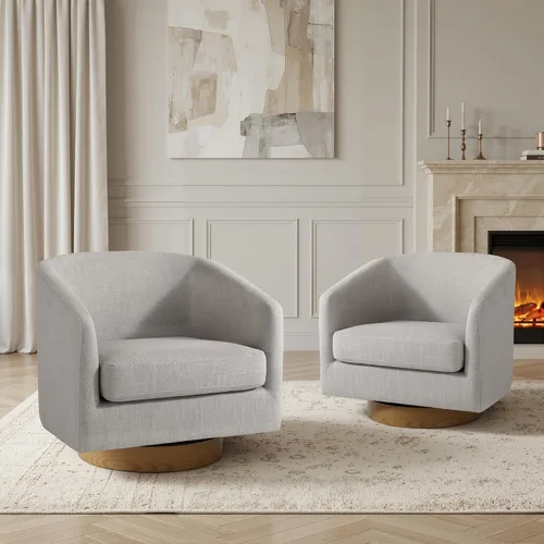 Vista 40 de Silla Giratoria de Acento de Cuero Sintético con Base de Madera, Sillas de Barril Tapizadas Modernas para Sala de Estar, Cómodo Sillón Redondo Sofá