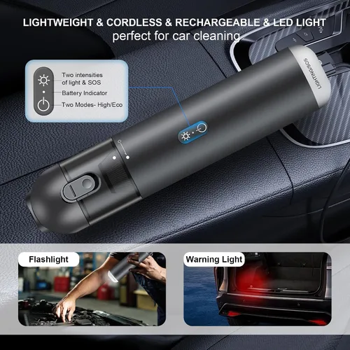 Vista 3 de Aspiradora de mano inalámbrica para automóvil, aspiradora portátil de 15000 PA con luz LED y filtro HEPA, soplado y succión 2 en 1 pequeño limpiador