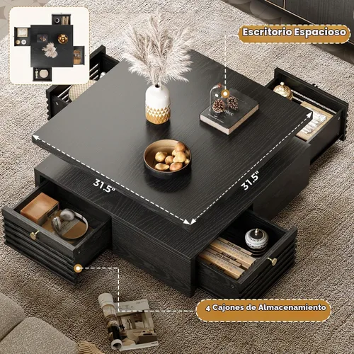 Vista 3 de Mesa de café IRONCK con luz LED y estación de carga, 4 cajones de almacenamiento con diseño de rejilla, mesa de café cuadrada para sala de estar
