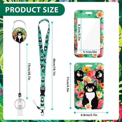 Vista 2 de Cordón con soporte para tarjetas, carrete retráctil con clip para cinturón para tarjetas de identificación, llaves, lindo cordón de cuello de gato