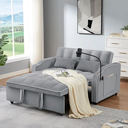 Vista 10 de Antetek Sofá cama con puerto USB y tipo C, moderno sofá biplaza convertible 3 en 1 de terciopelo extraíble con soporte para teléfono/portavasos