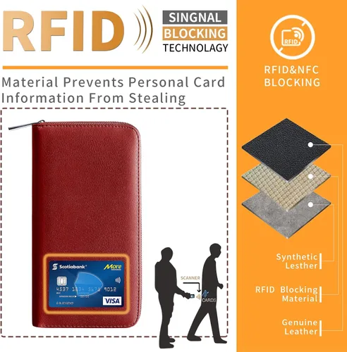 Vista 6 de Bistup Cartera larga para tarjetas de crédito para mujeres y mujeres de cuero genuino Rfid rojo grande con cremallera en efectivo para mujeres