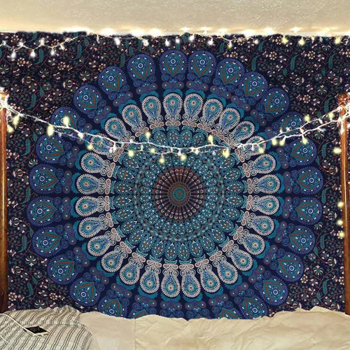 Vista 44 de Tapiz hippie indio bohemio psicodélico dorado azul pavo real mandala colgante en la pared (negro blanco, Queen (84 x 90 pulgadas) (84.6 x 90.6 in)