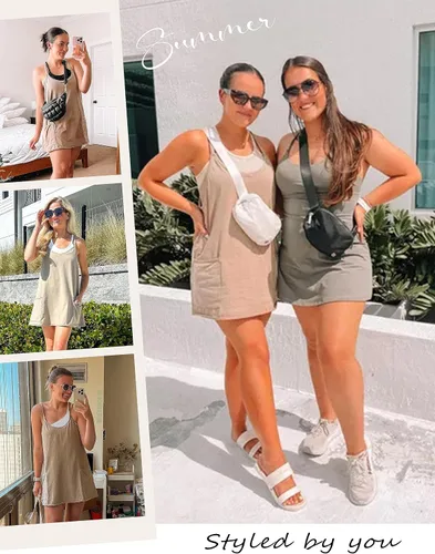 Vista 2 de Yidarer Minivestido deportivo de verano para mujer, sin mangas, tirantes delgados, pantalones cortos integrados, cuello en V, vestido de verano