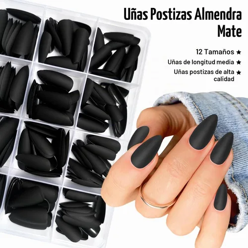 Vista 4 de 240 uñas postizas a presión con diseño de almendra de longitud media, uñas negras mates con diseño de almendra, puntas de uñas postizas cortas