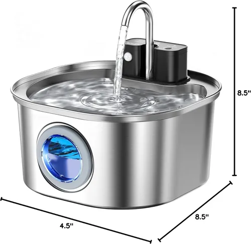 Vista 8 de Voluas Fuente de agua de acero inoxidable para gatos, fuente de agua inalámbrica para mascotas, funciona con pilas, 108 oz/3.2 L, dispensador