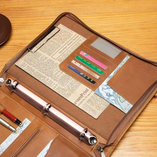 Vista 3 de YIWEN Portafolio de cuero genuino hecho a mano, portafolio con cremallera y carpeta de 3 anillos, organizador profesional de negocios, carpeta