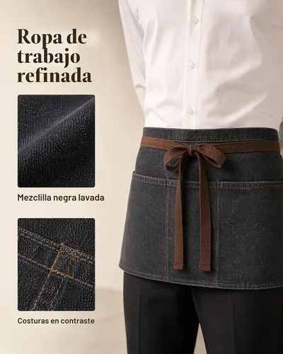 Vista 5 de Toyvian Delantal de cintura de mezclilla duradero con 3 bolsillos, unisex, delantal corto para camarera, bar, cafetería y cocina Negro