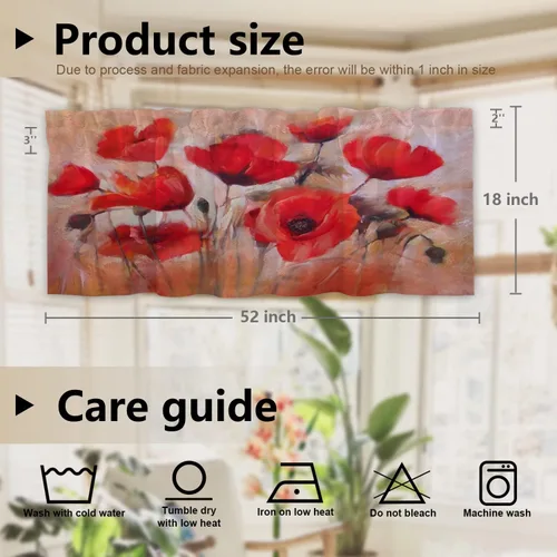 Vista 5 de BaoNews Cortina de ventana de flores de amapola con diseño de plantas artísticas, cenefas de cocina, pintura al óleo, lienzo opaco, decoración