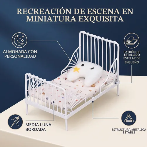 Vista 2 de Cama de metal para casa de muñecas de 1/12, almohada con patrón de estrellas, muebles en miniatura para coleccionistas, constructores de modelos