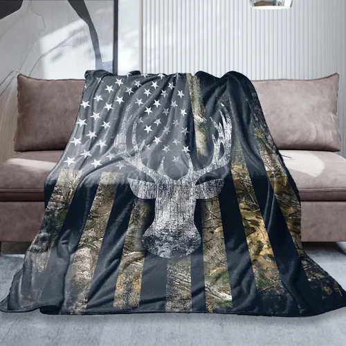Vista 9 de Mantas Personalizadas de Caza de Ciervos con Nombre, Regalo Personalizado de Caza para Hombres, Manta de Franela con Bandera de Ciervo Camuflaje