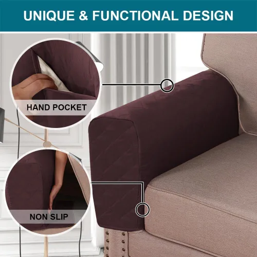 Vista 3 de Paquete de 2 fundas impermeables para reposabrazos para sillas y sofás, protectores de muebles antideslizantes con bolsillos laterales, juego