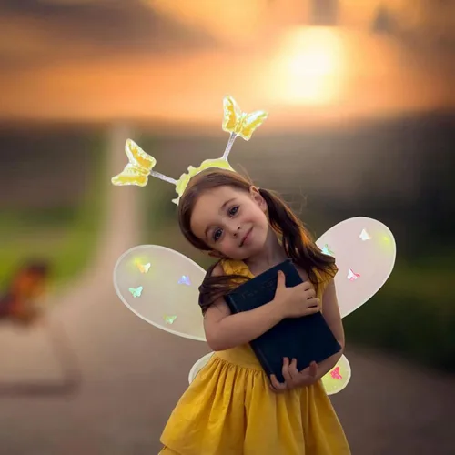 Vista 4 de 4Pcs Girls Fairy Halloween Costume, Light Up Layered Tulle Tutu Skirt + Fairy Wings & Hair Hoop + Wands
