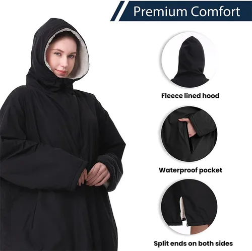Vista 3 de Oksun Waterproof Swim Parka, Windproof Surf Poncho Warm Coat, Recycled Fabric Water Resistent Oversized Sherpa Lining Jacket
