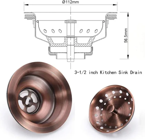 Vista 5 de KONE - Conjunto de drenaje para fregadero de cocina de 3-1/2 pulgadas con cesta de colador/tapón, todo de acero inoxidable, cobre antiguo, duradero