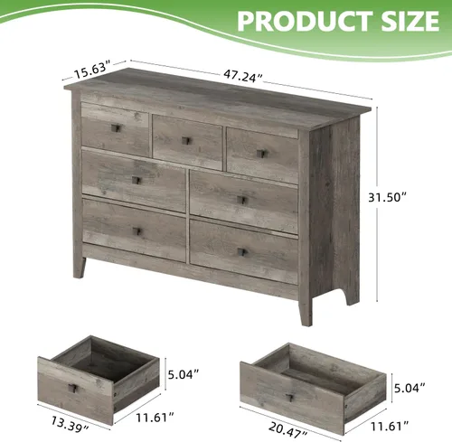 Vista 2 de Vikiullf – Cómoda de 7 cajones - Cajonera de dormitorio de madera, cajones de almacenamiento grises para dormitorio, sala de estar, organizador