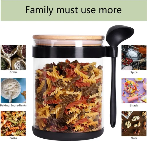 Vista 5 de 2 recipientes grandes de cocina de vidrio con cuchara y tapas herméticas de bambú, recipiente de almacenamiento de vidrio de 100 onzas para harina