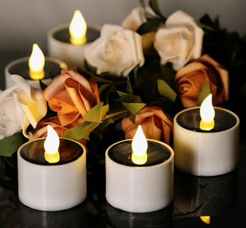 Vista 2 de 8 velas solares impermeables con sensor de atardecer a amanecer, velas LED parpadeantes recargables para exteriores, velas de té reutilizables sin