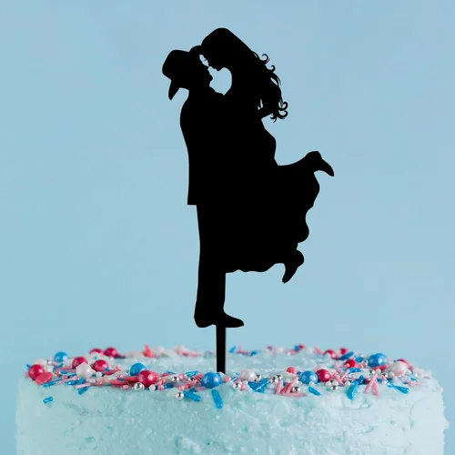 Vista 3 de Country Western - Decoración para tartas de boda, sombrero de vaquero, novia con botas o tacones, novia de levantamiento de novio, caligrafía