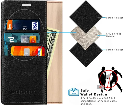 Vista 4 de Belemay Funda protectora de piel auténtica compatible con iPhone 13, con tarjetero de bloqueo RFID [carcasa interior suave no desmontable], funda