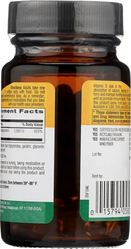 Vista 5 de Country Life Vitamina D3 2500 I.U. Sin gluten, 60 cápsulas blandas