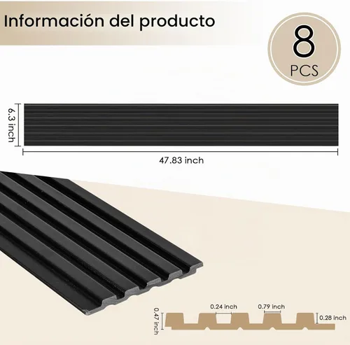 Vista 2 de Paquete de 8 paneles de pared con listones 3D, paneles de pared de madera sintética insonorizados para decoración de interiores, 47.2 x 6.3 Negro