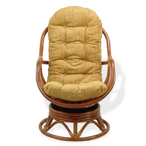 Vista 4 de Salón giratorio mecedora Bali silla de mimbre de ratán natural con cojín marrón claro, coñac