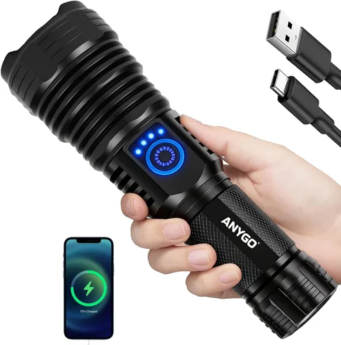 Vista 2 de Linterna recargable de 10000 lúmenes, IP67 impermeable 12H Runtime Batería recargable de 5000 mAh, 5 modos (alto/medio/bajo/estroboscópico/SOS)