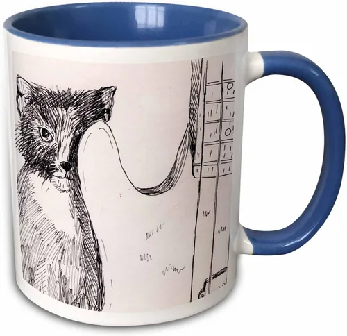 Vista 7 de 3dRose cat hiding behind bass guitar sketch taza, 11 oz, negro