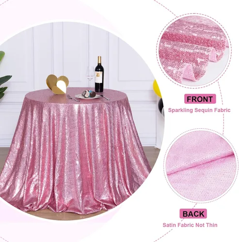 Vista 3 de Poise3EHome Mantel de lentejuelas rosa fucsia, mantel redondo brillante de 120 pulgadas, mantel de lentejuelas y tela de satén para fiestas, bodas