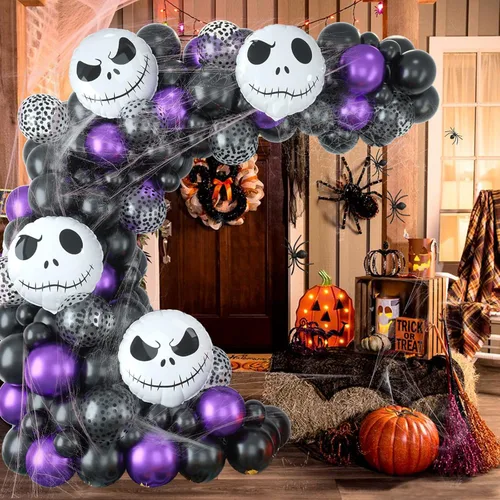 Vista 7 de Kit de guirnalda de arco de globos para decoración de Halloween, 101 piezas de globos de látex de confeti morado metálico y negro mate, con globos