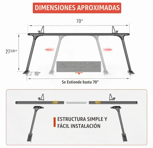 Vista 2 de Modelo APX25-Lite Soporte de Escalera de Aluminio Extensible para Camión Soporte de Escalera Ajustable para Camioneta (No Requiere Perforación)