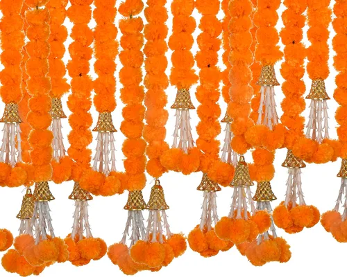 Vista 8 de 5 guirnaldas de caléndula de 5 pies de largo para decoración de hebras largas, flores artificiales de caléndula Decoración india para Pooja Boda