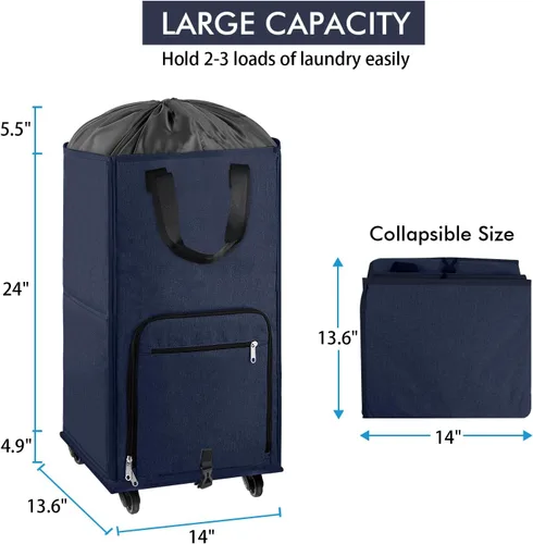 Vista 3 de Bukere Cesta de lavandería grande con ruedas, 4 ruedas y 2 asas, bolsa de lavandería con ruedas plegable independiente para ropa, apartamento Azul