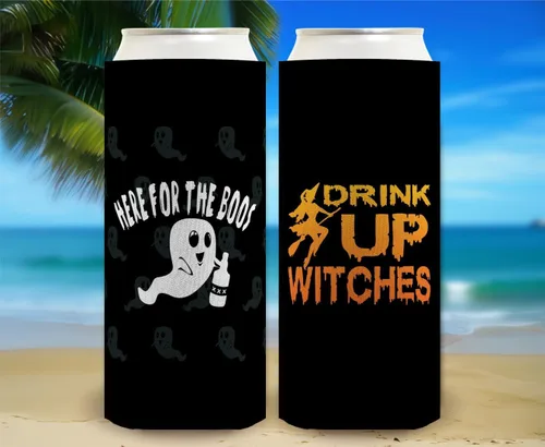 Vista 6 de Decoración espeluznante de Halloween Bebe brujas aquí para los abucheos 2 caras Paquete de 2 termoenfriadores ultra delgados para latas