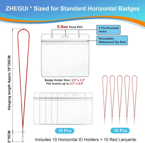 Vista 2 de Cordones rojos para tarjetas de identificación, paquete de 10 unidades con soporte de identificación horizontal, soporte de plástico transparente