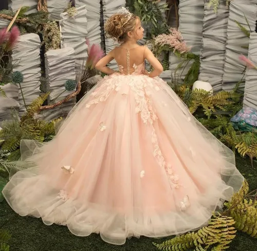 Vista 2 de Vestido de niña de las flores, con apliques de tul de mariposa 3D, vestidos de princesa para concursos de graduación, vestidos de fiesta para niñas