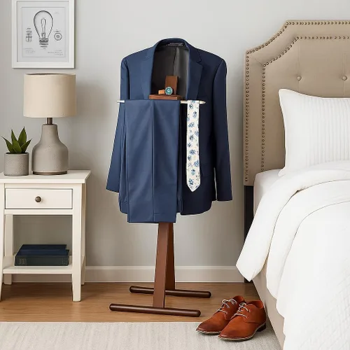 Vista 6 de Proman Products Josh - Organizador independiente de madera con bandeja, percha, barra de pantalones, nogal