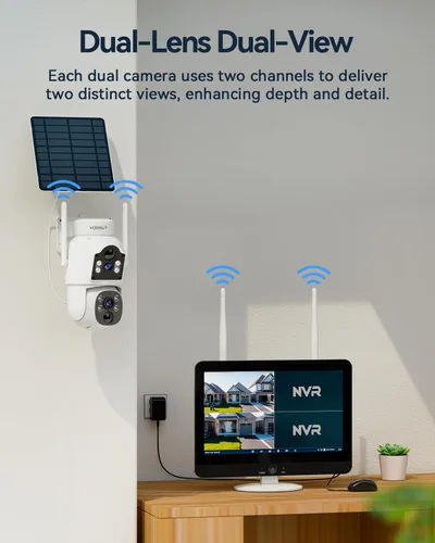 Vista 2 de Cámara solar inalámbrica para exteriores, 2 cámaras solares de doble lente de 4MP+ 4MP para sistema de seguridad del hogar con monitor de 12