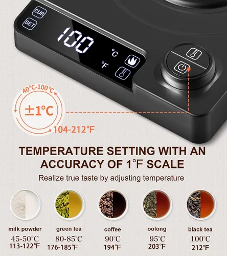 Vista 3 de Hervidor eléctrico de cuello de cisne con control de temperatura de precisión de ± 1 ℉ para café y té de goteo, hervido rápido, acero inoxidable
