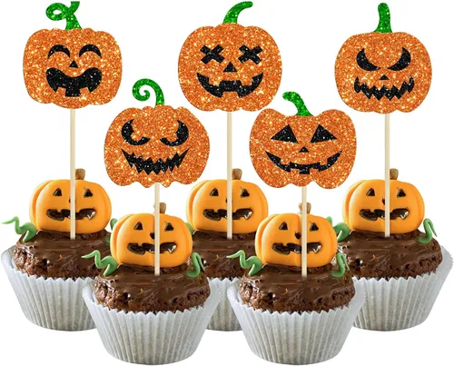 Vista 29 de Gyufise 24 adornos para cupcakes de Halloween con calabaza, fantasma, purpurina negra, decoraciones para cupcakes para niños, decoración de fiesta