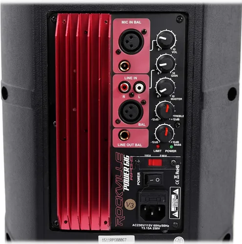 Vista 5 de Rockville RPG8 400W 8" Altavoz PA alimentado, sistema de 2 vías, amplificador clase AB, ecualizador de 2 bandas, entradas XLR/RCA/1/4", para DJs